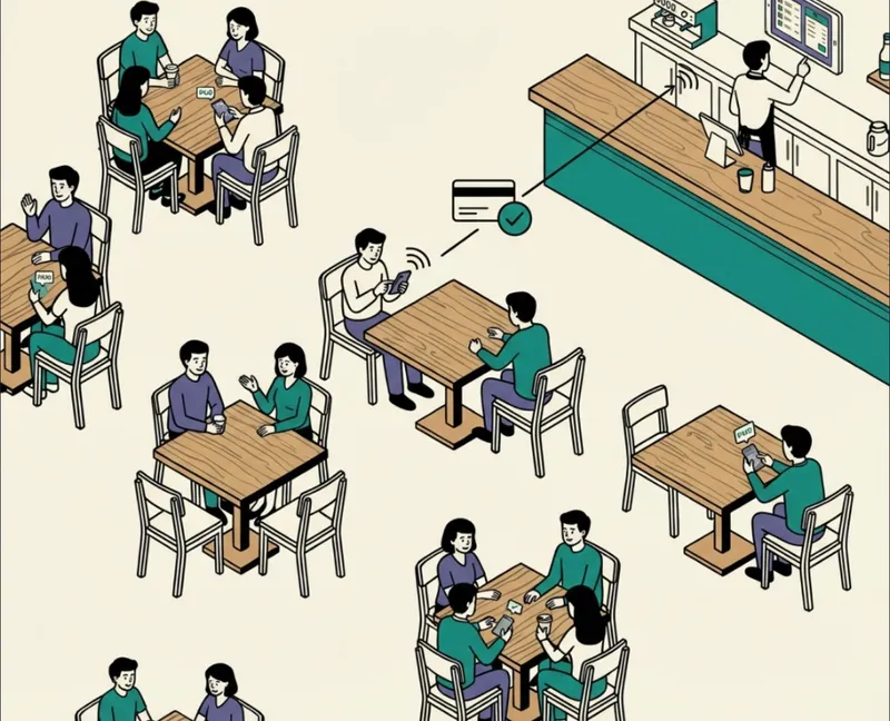 Ilustración de clientes pagando en un restaurante