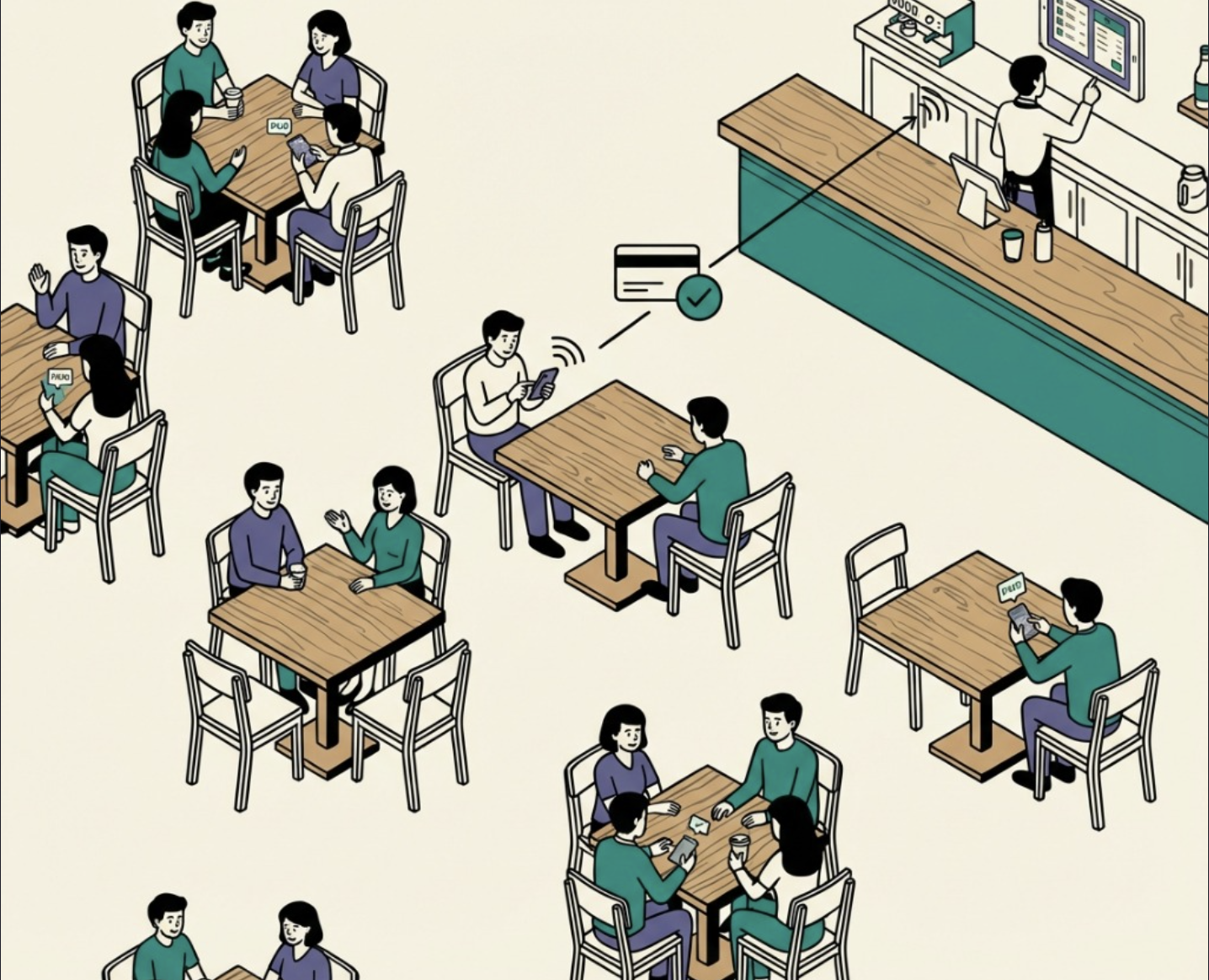 Ilustración de clientes pagando en un restaurante
